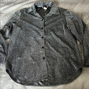 Silver Shimmering Black Button-Up Shirt M vintage faceted buttons retro bling 🩶